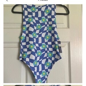 Freedom rave wear bodysuit and arm bands blue checked with aqua & yellow flowers